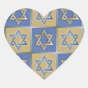 Judaica Star Of David Metal Gold Blue Heart Sticker