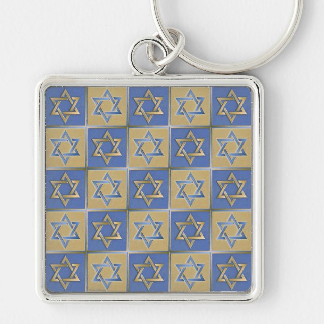Judaica Star Of David Metal Gold Blue Key Ring (Front)