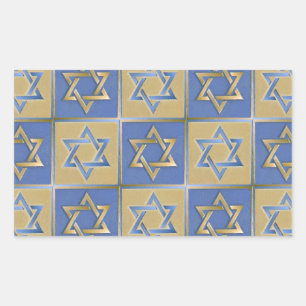 Judaica Star Of David Metal Gold Blue Rectangular Sticker