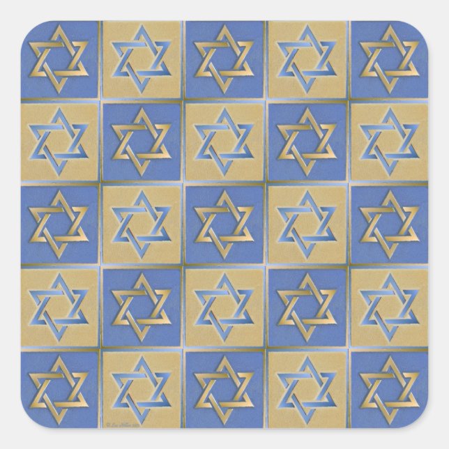 Judaica Star Of David Metal Gold Blue Square Sticker (Front)
