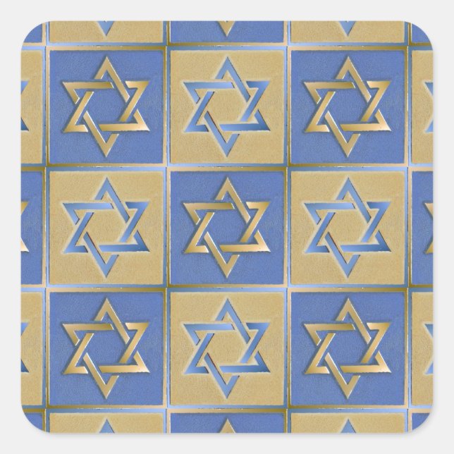 Judaica Star Of David Metal Gold Blue Square Sticker (Front)
