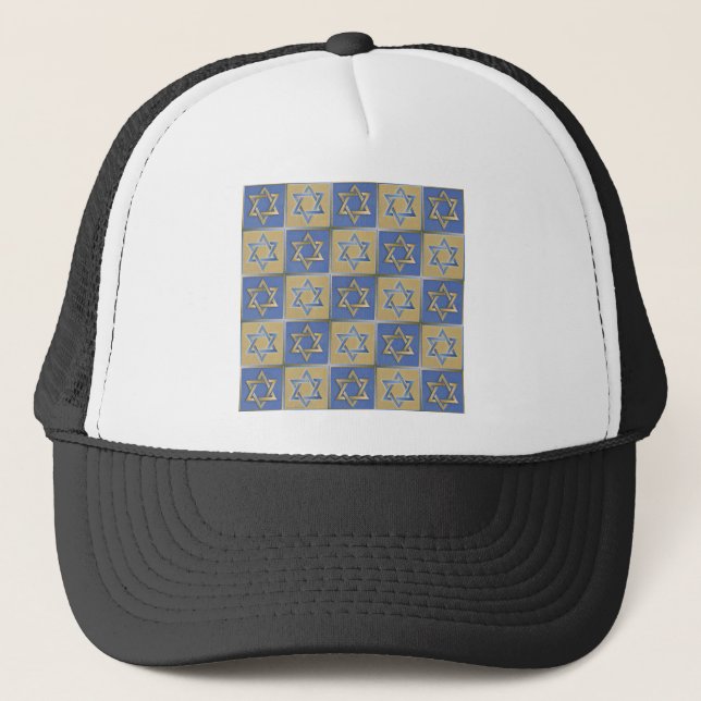 Judaica Star Of David Metal Gold Blue Trucker Hat (Front)