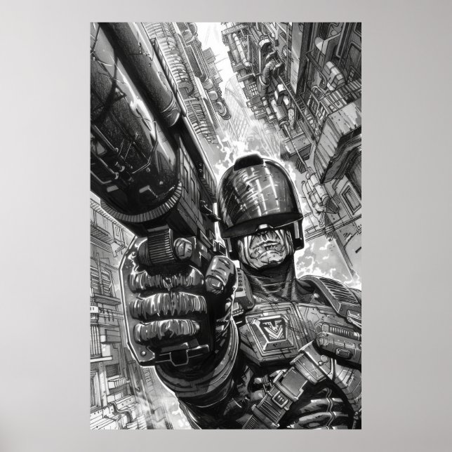 Judge Dredd with Shotgun - Retro Sci-Fi Poster (Front)