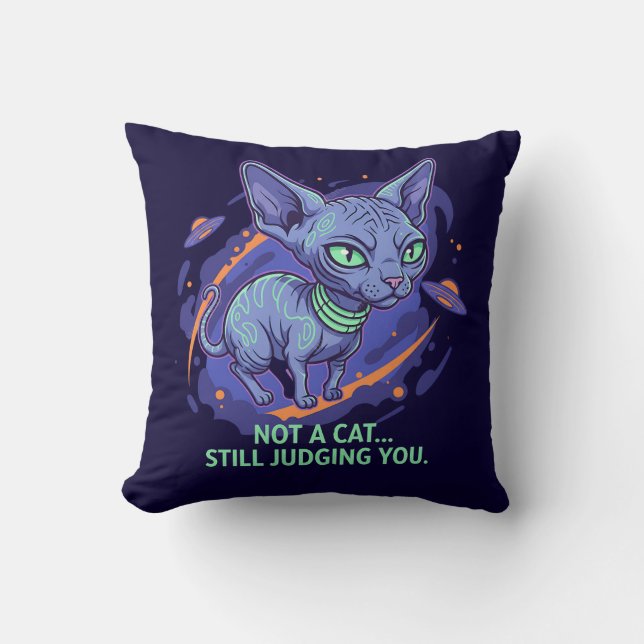 Judging Alien Sphynx Cat Sci-Fi Humor Art Cushion (Front)