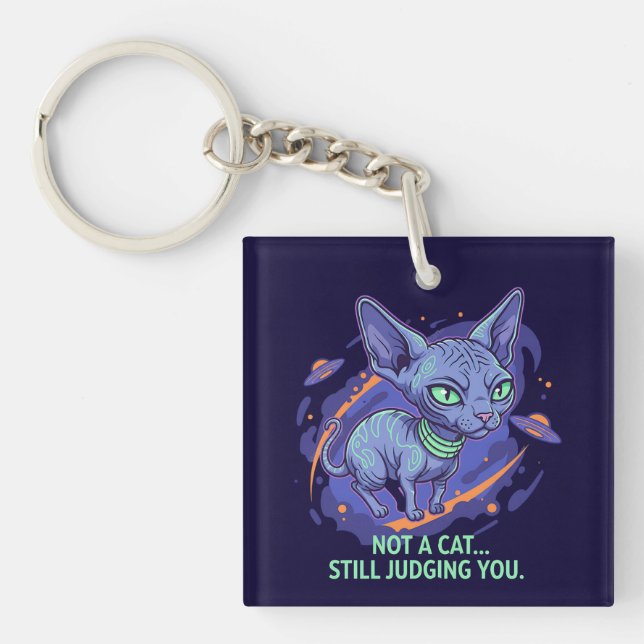 Judging Alien Sphynx Cat Sci-Fi Humor Art Key Ring (Front)