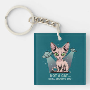 Judging Sphynx Cat UFO Alien Humor Art Key Ring