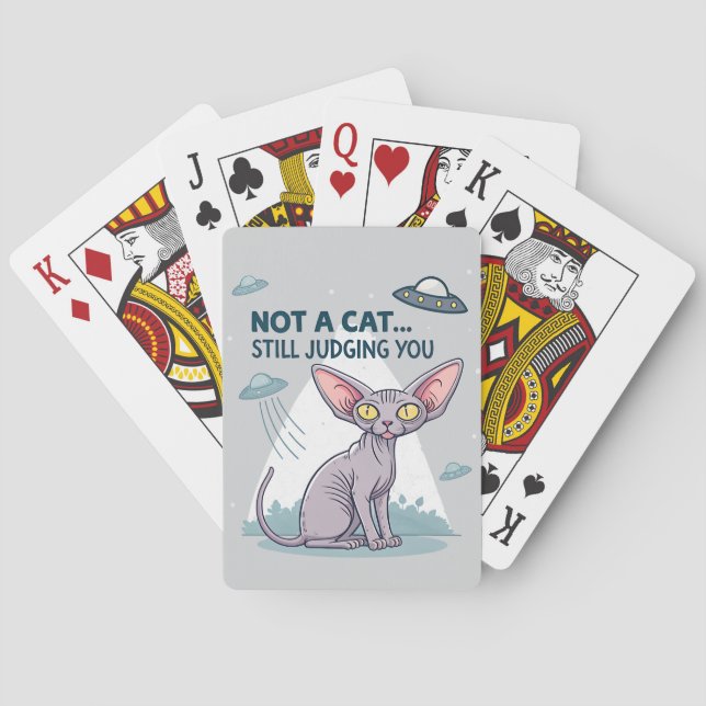 Judging Sphynx Cat UFO Sarcastic Cartoon Art Playing Cards (Back)