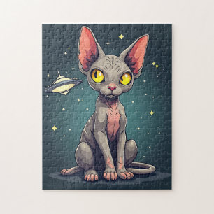 Judging Sphynx Cat UFO Space Cartoon Art Jigsaw Puzzle