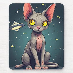 Judging Sphynx Cat UFO Space Cartoon Art Mouse Mat