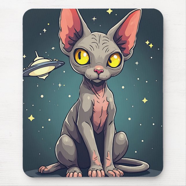 Judging Sphynx Cat UFO Space Cartoon Art Mouse Mat (Front)