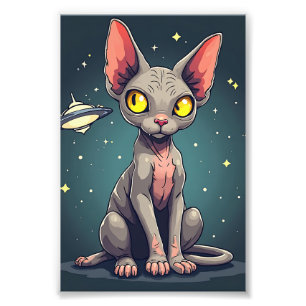 Judging Sphynx Cat UFO Space Cartoon Art Photo Print