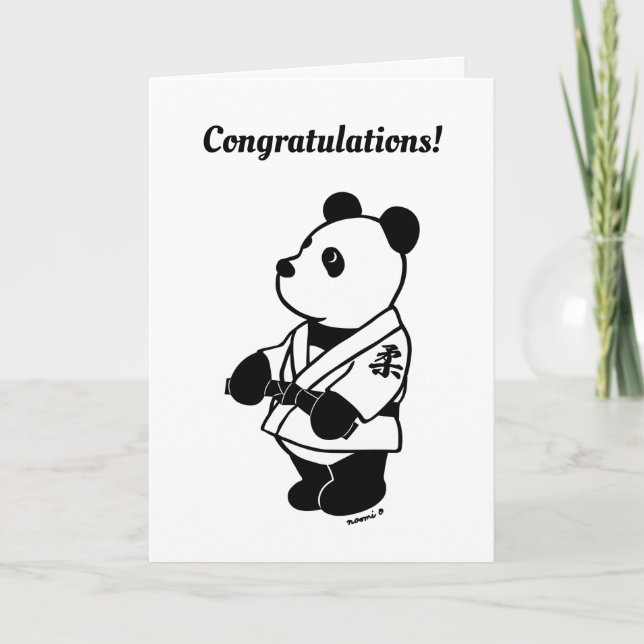 Judo Panda Cartoon with a Black Belt Congrats Card (Front)
