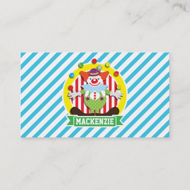 Juggling Big Top Circus Clown; Blue Stripes Business Card (Back)