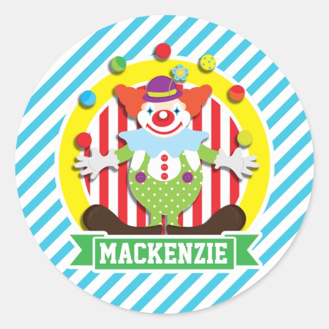 Juggling Big Top Circus Clown; Blue Stripes Classic Round Sticker (Front)