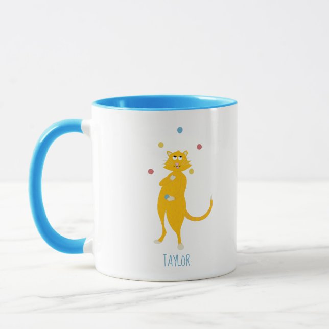 Juggling Cartoon Cat Personalised Jugglers Mug (Left)