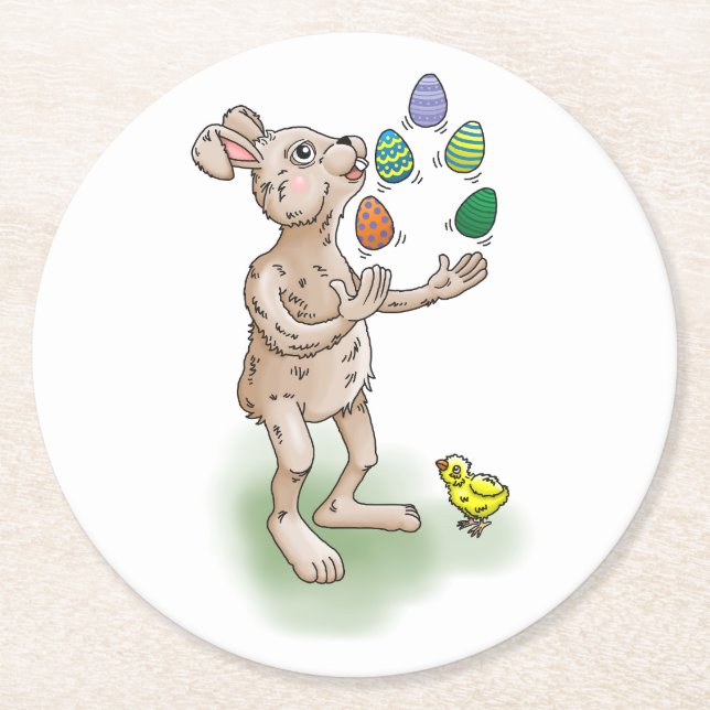 Juggling Easter Bunny Round Paper Coaster (Front)