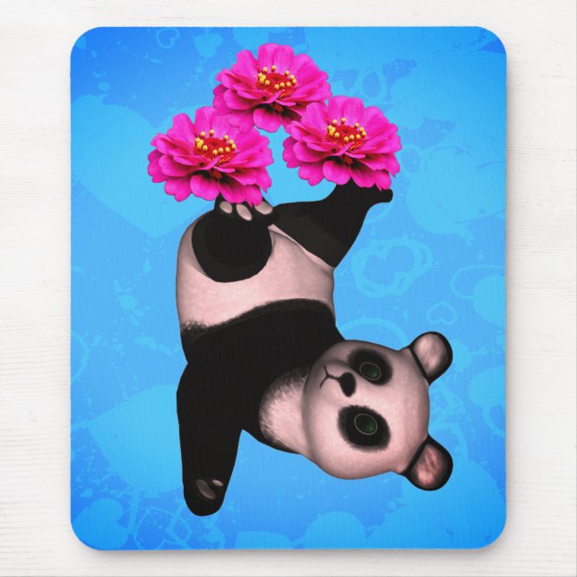 Juggling Panda Bear And Pink Zinnia Flowers Mouse Mat (Front)