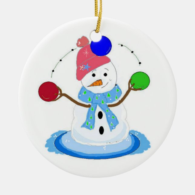 Juggling Snowman Ceramic Tree Decoration (Front)