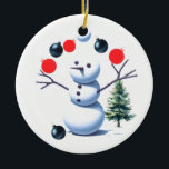 Juggling Snowman Christmas Baubles Ceramic Tree Decoration<br><div class="desc">Even snowmen possess talents; picture a dapper snowman with twig arms expertly juggling vibrant Christmas baubles,  striving not to let any fall. It's a playful and charming decoration for your Christmas tree.</div>