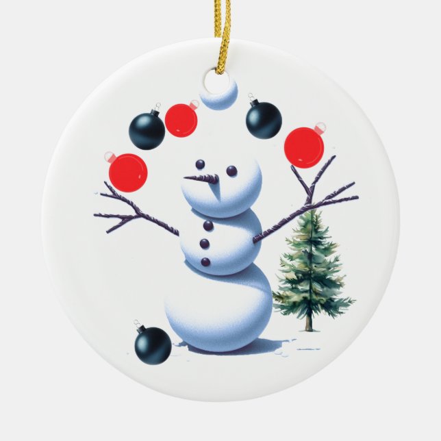 Juggling Snowman Christmas Baubles Ceramic Tree Decoration (Front)