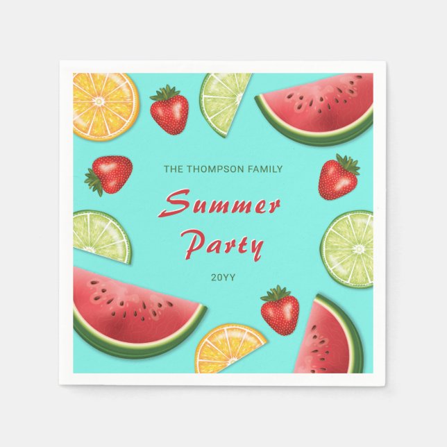 Juicy Colourful Fruits On Blue Summer Party Napkin (Front)