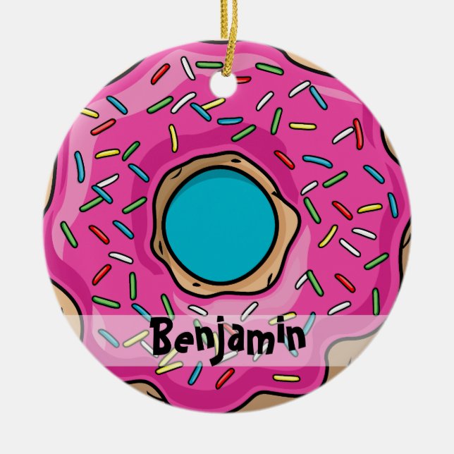 Juicy Delicious Pink Sprinkled Doughnut Ceramic Tree Decoration (Front)