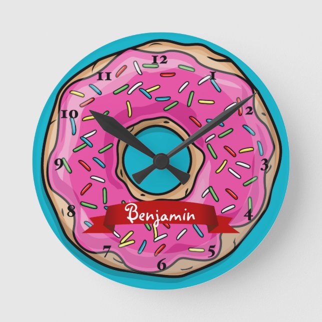 Juicy Delicious Pink Sprinkled Doughnut Round Clock (Front)