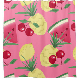 Juicy fruits on a pink-red background. shower curtain
