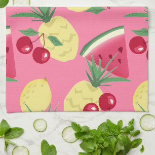 Juicy fruits on a pink-red background. tea towel