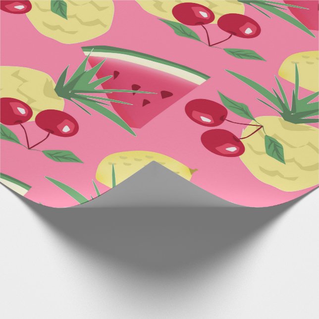 Juicy fruits on a pink-red background.  wrapping paper (Corner)