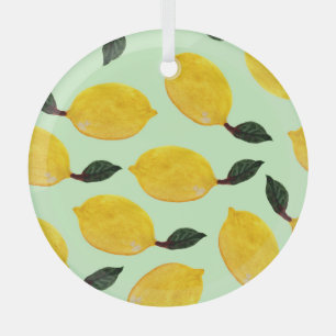Juicy Lemon Blueberries: Watercolor Seamless Patte Glass Tree Decoration
