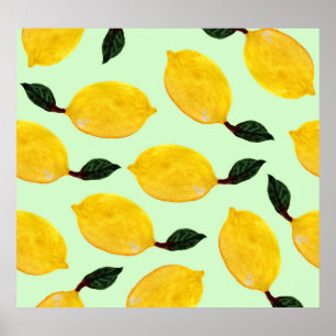 Juicy Lemon Blueberries: Watercolor Seamless Patte Poster