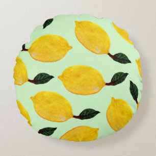 Juicy Lemon Blueberries: Watercolor Seamless Patte Round Cushion
