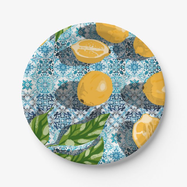 Juicy Lemons on Blue Moroccan Paper Plate (Front)