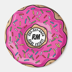 Juicy Pink Sprinkled Donut Custom Text + Initials Magnet
