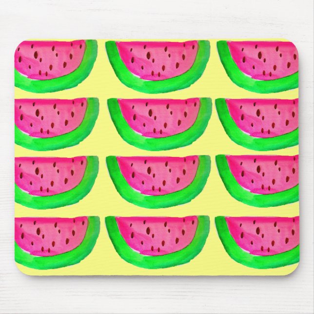 Juicy pink  watermelon fruit pattern on lemon mouse mat (Front)