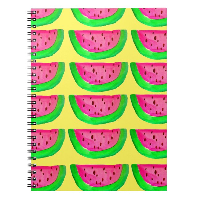 Juicy pink  watermelon fruit pattern on lemon notebook (Front)