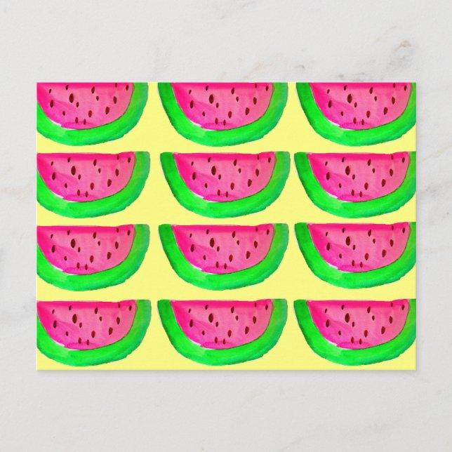 Juicy pink  watermelon fruit pattern on lemon postcard (Front)