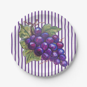 Juicy Purple Grapes Striped Dessert Wine Harvest Paper Plate