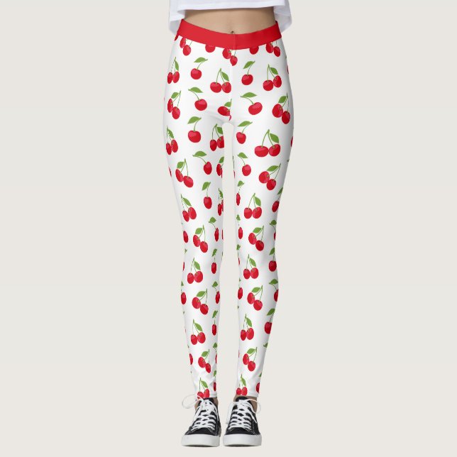 Juicy Red Cherries Red and White Patterned Leggings (Front)