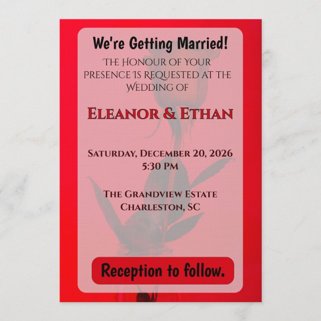 Juicy Red Monochrome Single Rose Going Bold Weddin Invitation (Front)