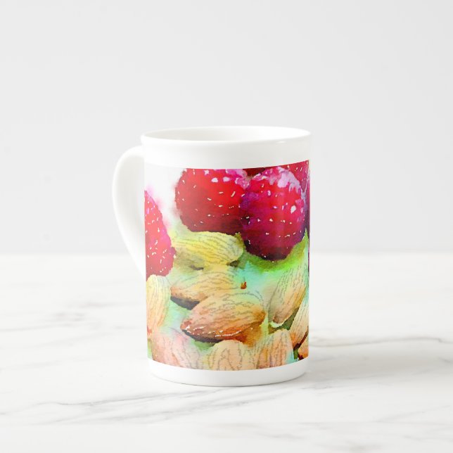Juicy Red Raspberries and Almonds Watercolor Bone China Mug (Front Left)