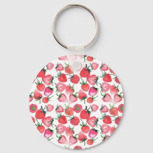 Juicy Red Strawberries Watercolor Pattern Key Ring