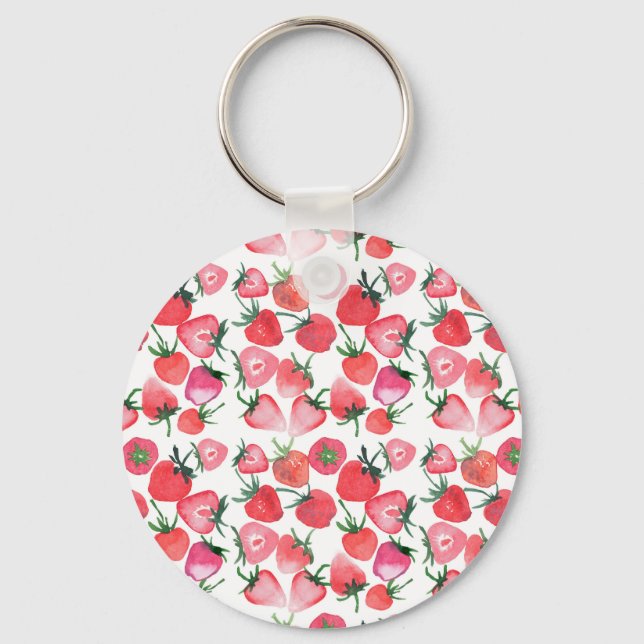 Juicy Red Strawberries Watercolor Pattern Key Ring (Front)