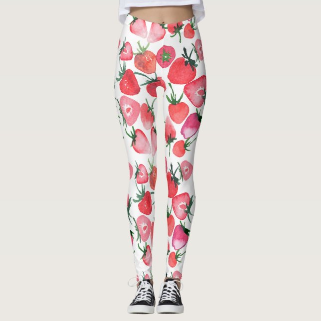 Juicy Red Strawberries Watercolor Pattern Leggings (Front)