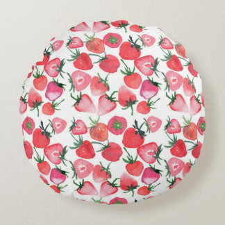 Juicy Red Strawberries Watercolor Pattern Round Cushion