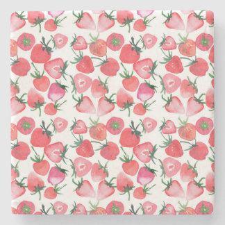 Juicy Red Strawberries Watercolor Pattern Stone Coaster