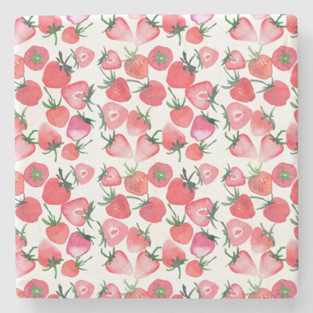 Juicy Red Strawberries Watercolor Pattern Stone Coaster (Front)