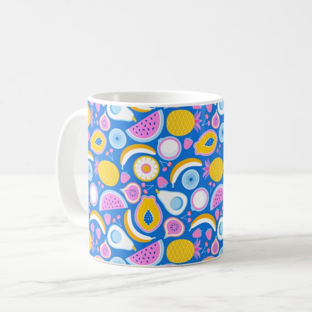 Juicy tropical fruits - Blue background Coffee Mug (Front Left)