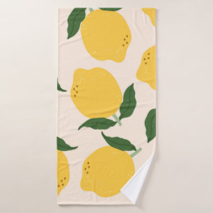 Juicy yellow Lemons, green leaves. Fresh tasty fru Bath Towel